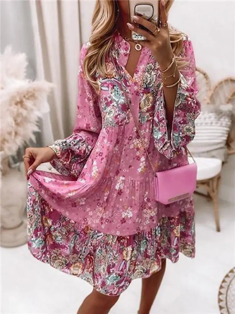 Casual Floral Print Dresses For Women  Sping Summer Boho V Neck Loose A Line Dress Elegant Beach Party Dress Robe Femme somè