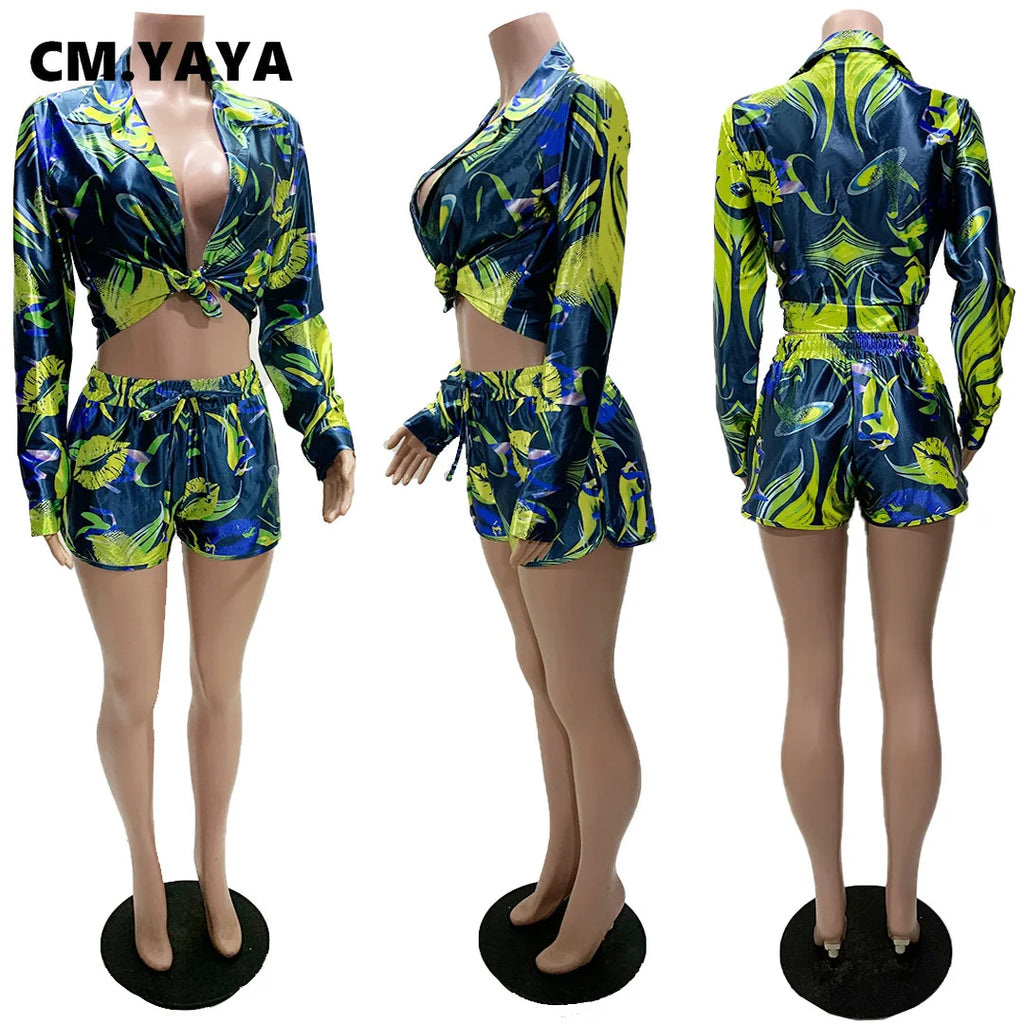 CM.YAYA Elegant Wave Striped Women's Set Long Sleeve Shirt and Shorts INS Chic Street Fashion Tracksuit Two 2 Piece Set Outfits