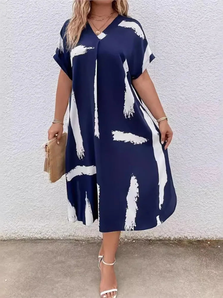 Plus Size Summer V-Neck Midi Dress Women Striped Graffiti Print Fashion Ladies Dresses Casual Loose Pleated Woman Dress somè