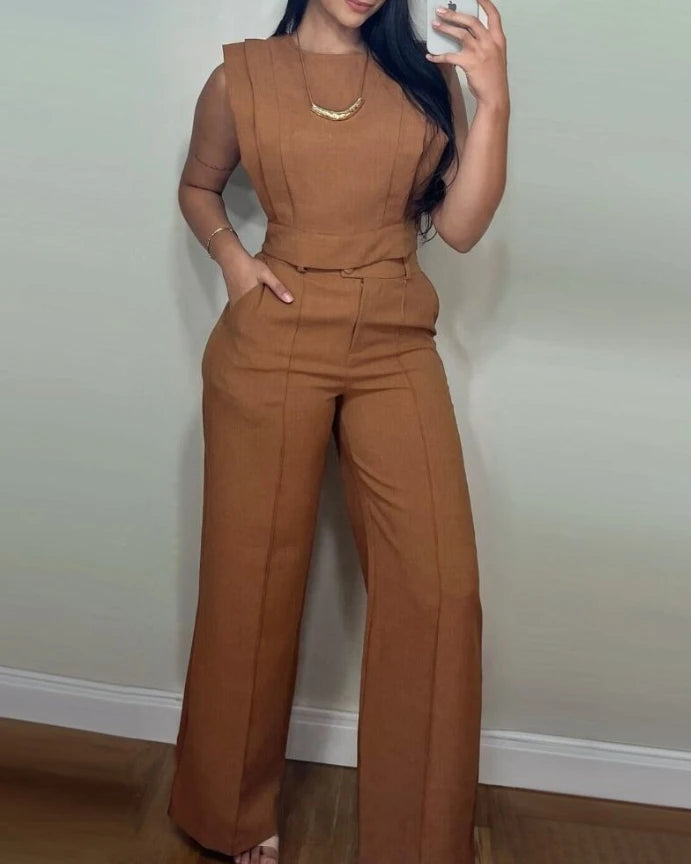 sets for women 2 pieces autumn Round Neck Cap Sleeve Crop Top and Casual Pocket Design Straight Pants Set somè
