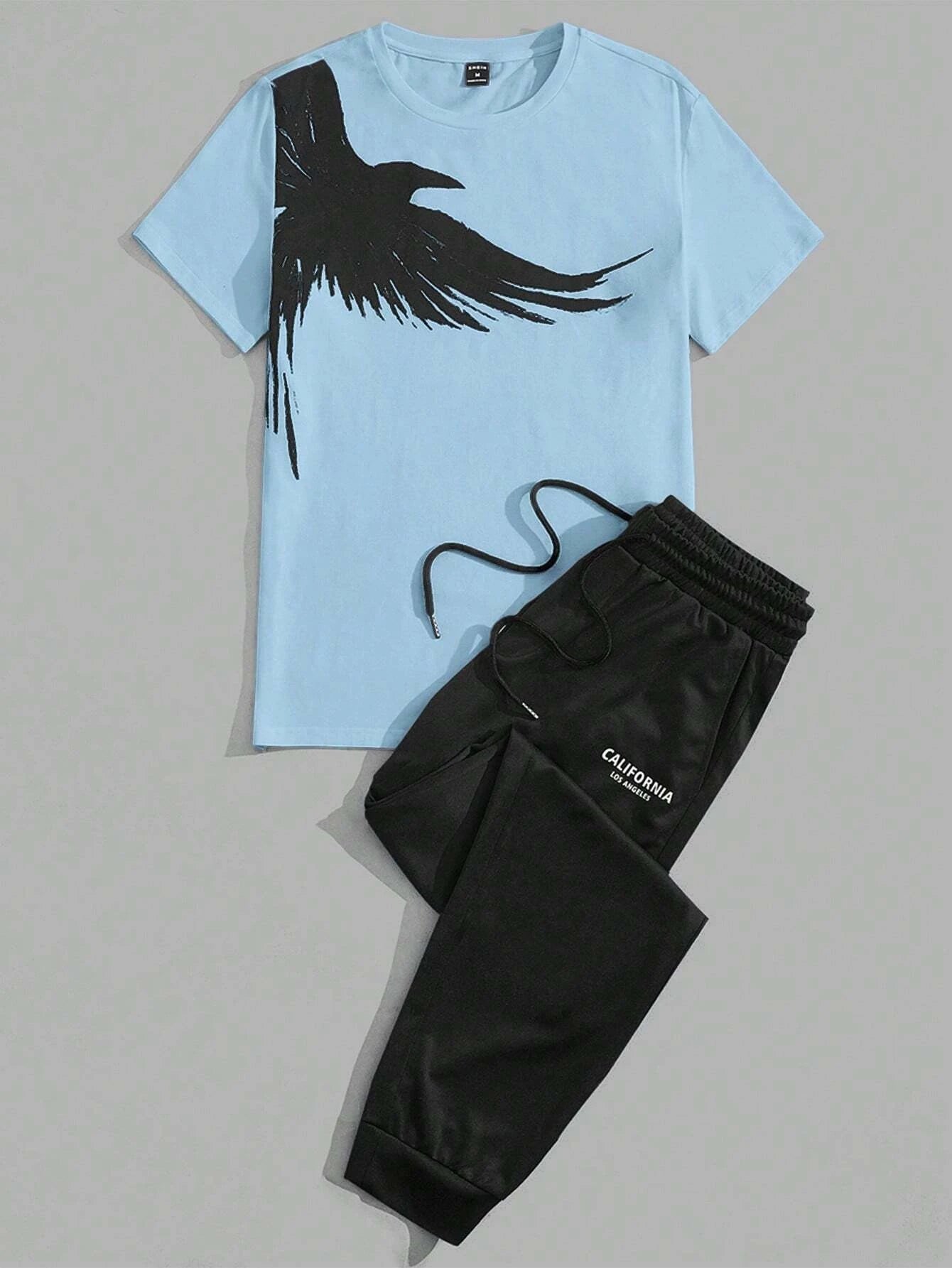 202& Simple Casual Men's T-shirt Short-sleeved Suit And Pants Fashion Eagle Print Pattern Sports And Leisure Two-piece Set