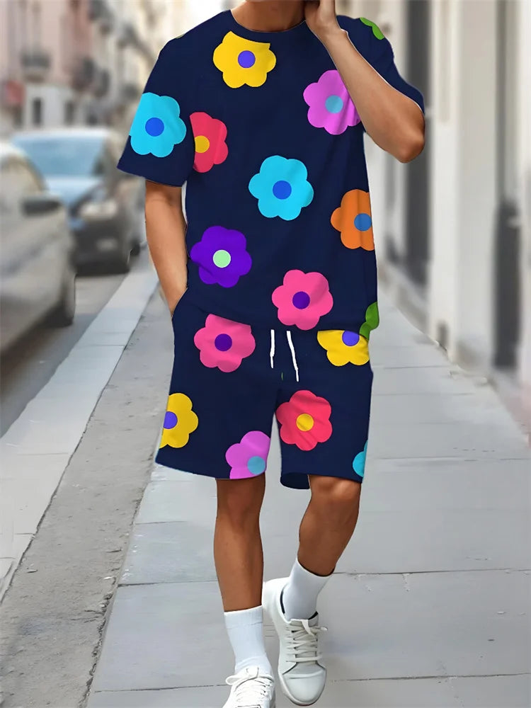 2 Piece Summer Casual Everyday Men's Short Sleeve Shorts Set Hawaiian Print Men's T-shirt Outdoor Sports Men's Beach Shorts 202&