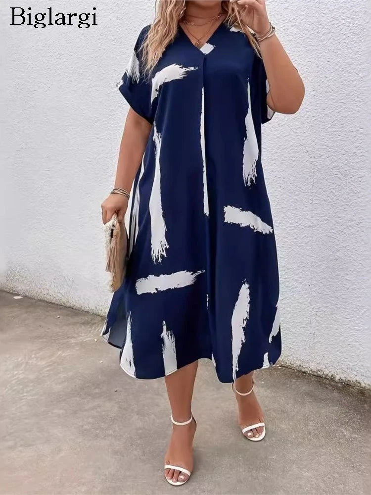 Plus Size Summer V-Neck Midi Dress Women Striped Graffiti Print Fashion Ladies Dresses Casual Loose Pleated Woman Dress somè
