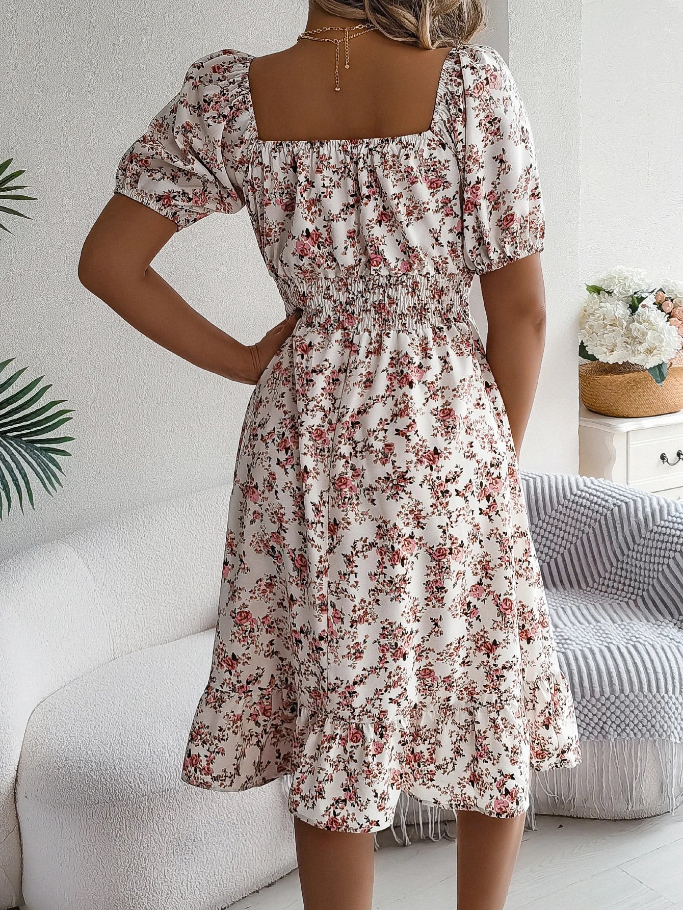 Casual Square Neck Shirred Waist Floral Print Short Sleeve Ruffle Hem Dress For Summer, Women's Clothing somè