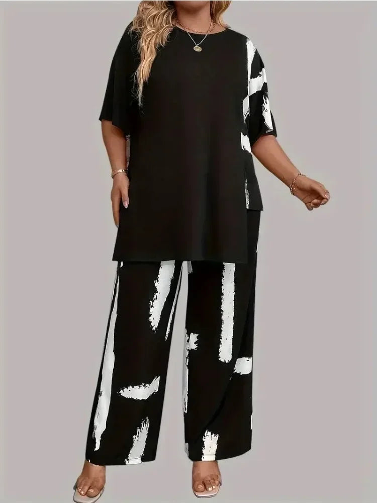 Plus Size Women’s Brush Print Elegance Short Sleeve Split Top & Matching Pants 2 Piece Round Neck Outfit Set somè