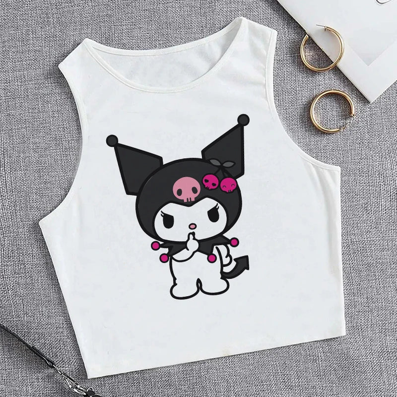 Y2K Vest Crop Top Kuromi T Shirt Cropped Sanrio Kuromi Women Manga T-shirt somè