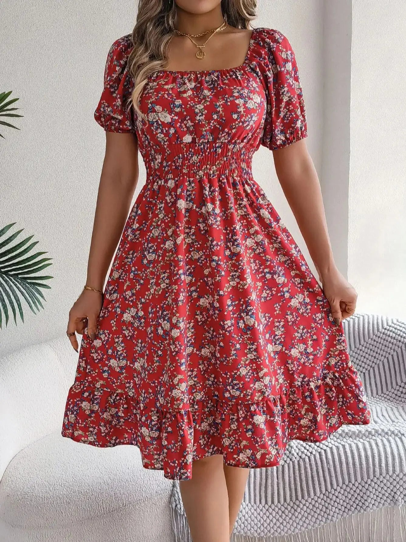 Casual Square Neck Shirred Waist Floral Print Short Sleeve Ruffle Hem Dress For Summer, Women's Clothing somè