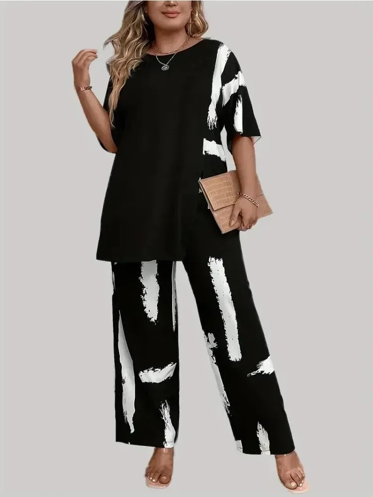 Plus Size Women’s Brush Print Elegance Short Sleeve Split Top & Matching Pants 2 Piece Round Neck Outfit Set somè