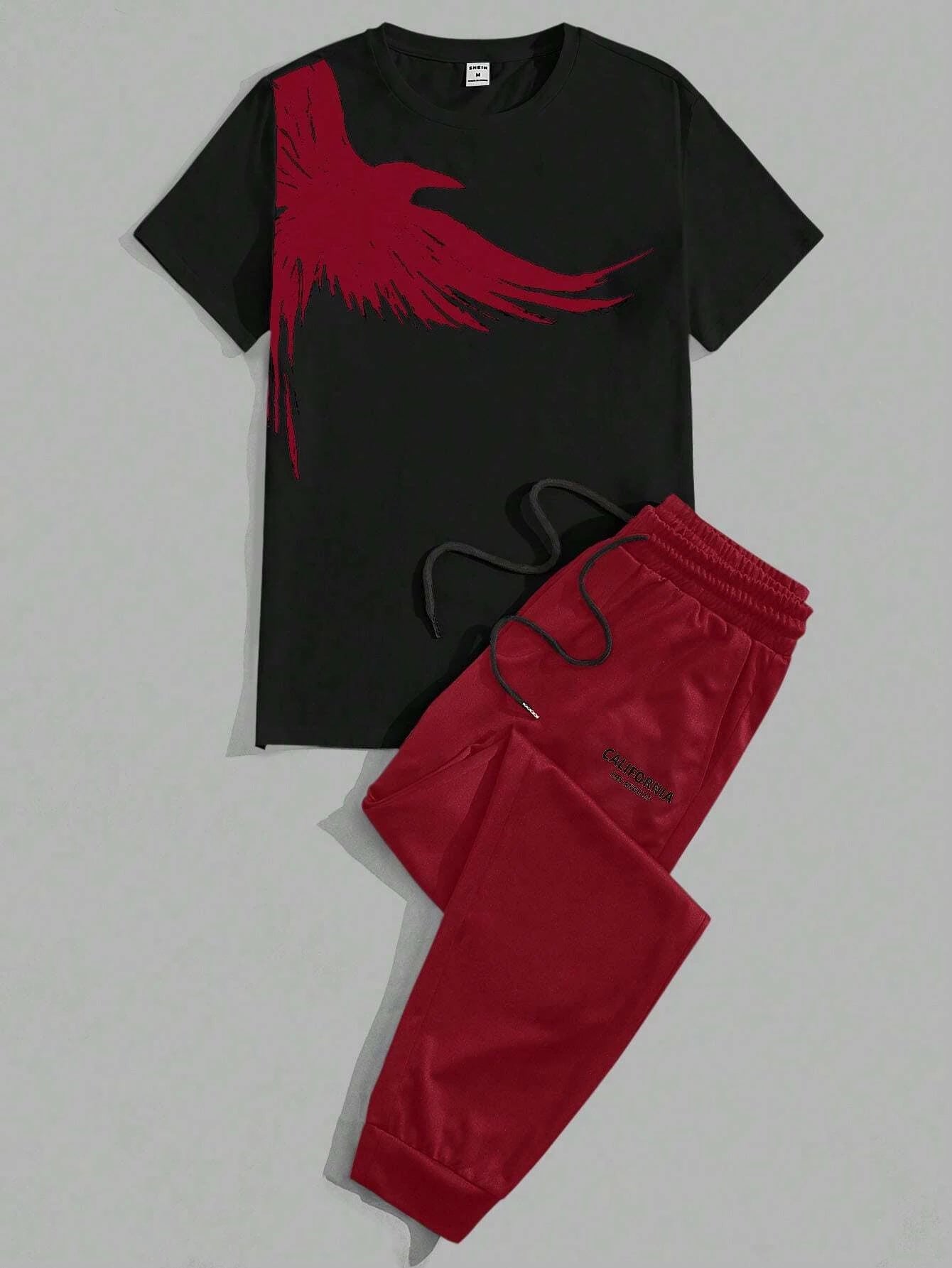 202& Simple Casual Men's T-shirt Short-sleeved Suit And Pants Fashion Eagle Print Pattern Sports And Leisure Two-piece Set
