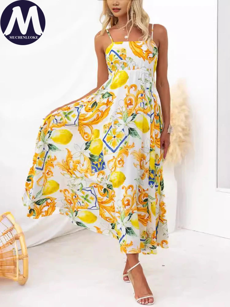 Women's Elegant Sleeveless Sling Dress, Loose High Waisted Long Dresses, Casual Printing, Summer Fashion, somè
