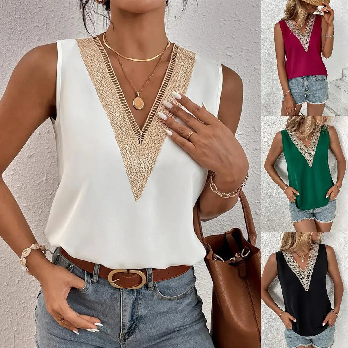 Sleeveless V-neck Lace Parchwork Blouse Women Loose Hollow Out Summer Tee Shirt Casual Streetwear Tsnk Top kpy