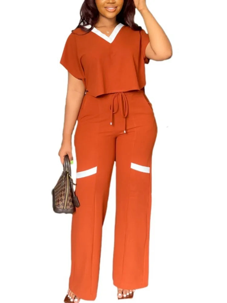 Elegant Women's Casual Short Sleeve T-shirt Sports Suit Summer Fashion Solid V Neck Short Top & Straight Pants Two Piece Sets somè