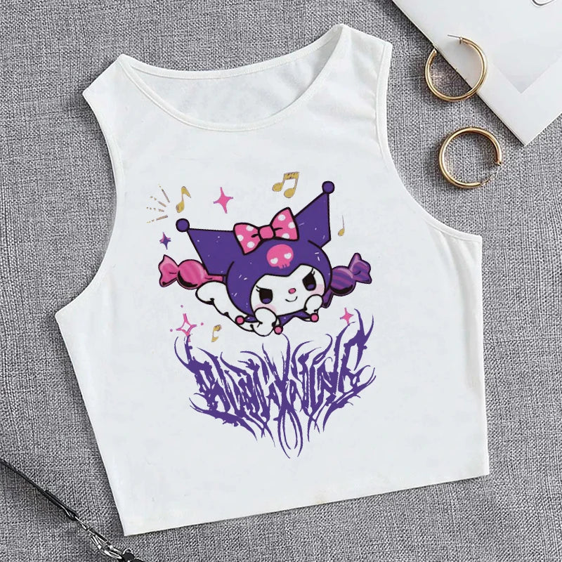 Y2K Vest Crop Top Kuromi T Shirt Cropped Sanrio Kuromi Women Manga T-shirt somè
