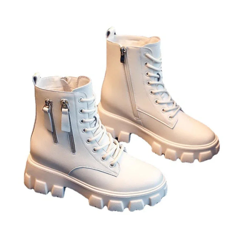 Pu Leather Platform Ankle Boots Women Lace-Up Zipper Thicked Plush Snow Boots Woman Winter Non-Slip Warm Cotton Shoes kodez