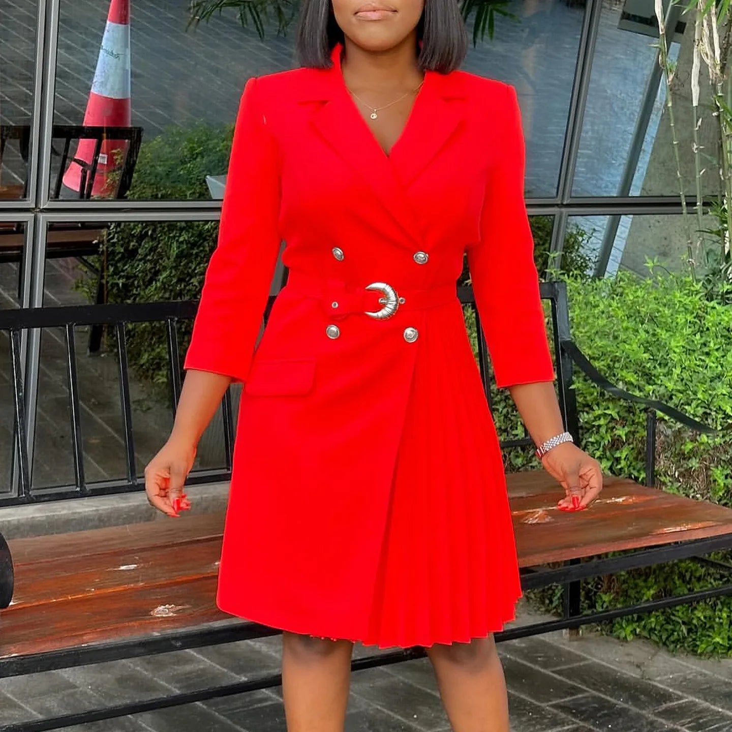 Elegant Blazer Dresses for Woman Notched Collar Full Sleeve Double Breasted Fashion Ladies Autumn Fall Daily Wear Pleated Dress klt