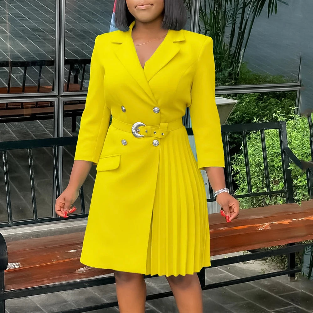 Elegant Blazer Dresses for Woman Notched Collar Full Sleeve Double Breasted Fashion Ladies Autumn Fall Daily Wear Pleated Dress klt