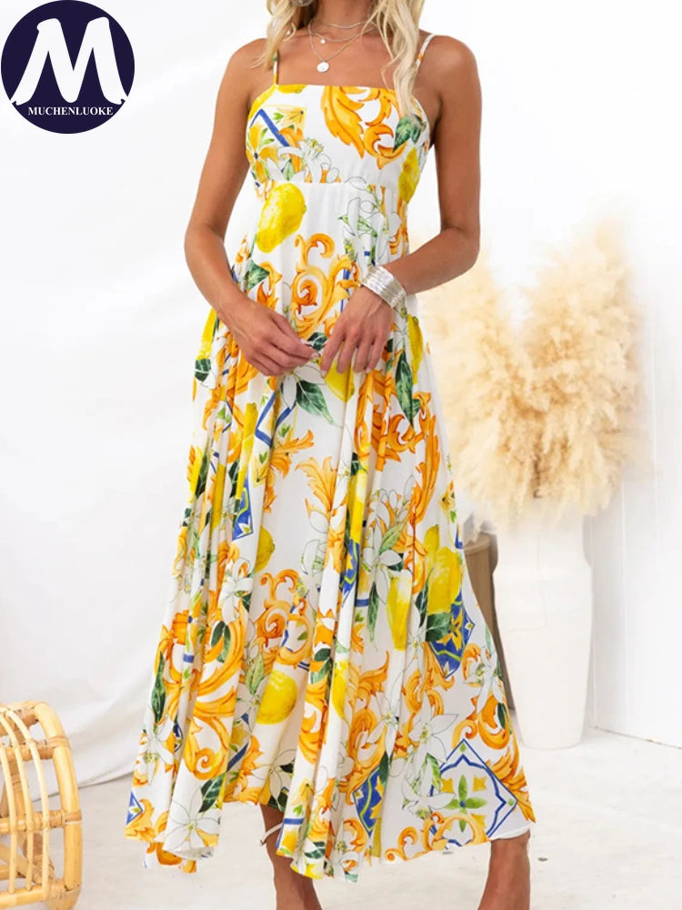 Women's Elegant Sleeveless Sling Dress, Loose High Waisted Long Dresses, Casual Printing, Summer Fashion, somè