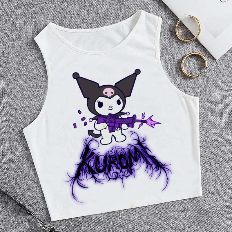 Y2K Vest Crop Top Kuromi T Shirt Cropped Sanrio Kuromi Women Manga T-shirt somè