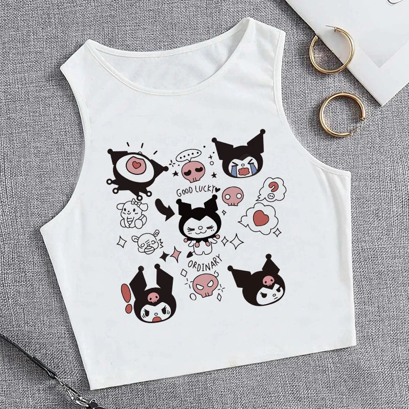 Y2K Vest Crop Top Kuromi T Shirt Cropped Sanrio Kuromi Women Manga T-shirt somè