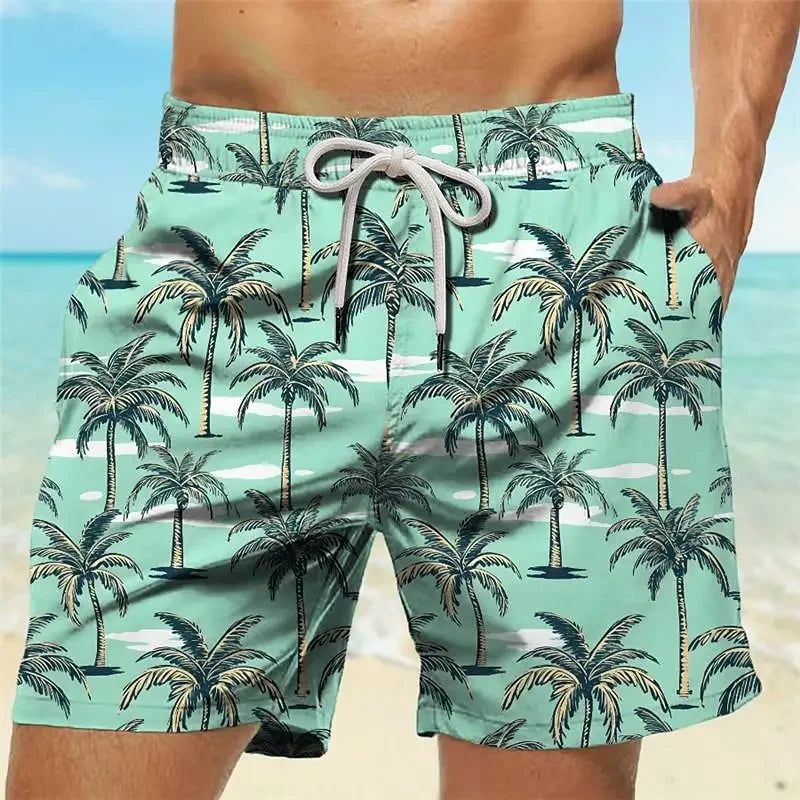 202& Summer Oversized Casual Men's Drawstring Shorts Quick Dry Hawaii Holiday Sports Swimming Trunks Coconut Tree Printed Shorts