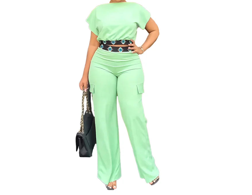 Two Piece Sets Women Outifit Summer Fashion Geometric Print Boat Neck Short Sleeve Crop Top & Casual Pocket Daily Pants Set somè