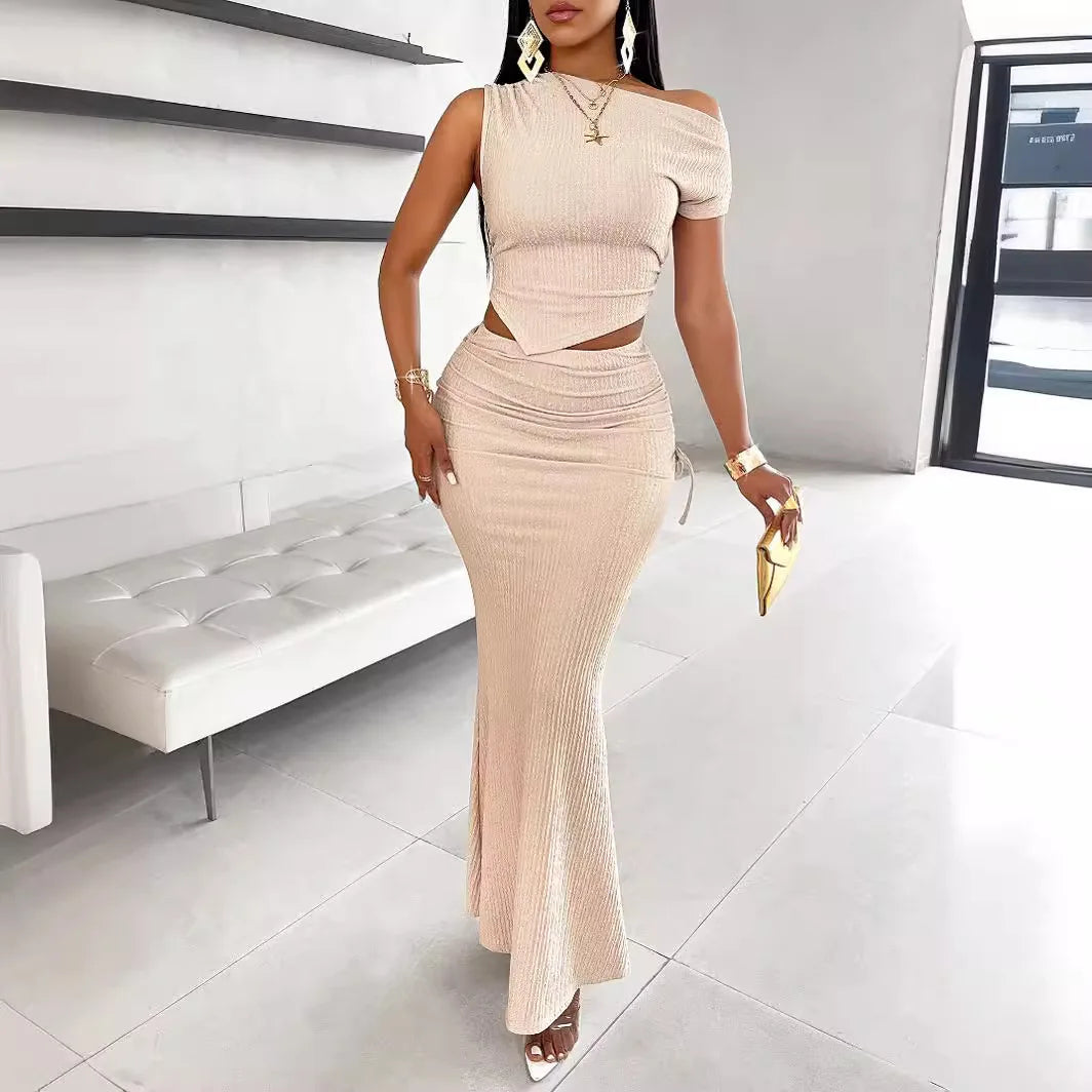 Women Two Piece Sets Fishtail Skirt Set Dress Sets Sexy Bodycon One Shoulder Short Tops Long Skirts High Waist Elegant Splice somè