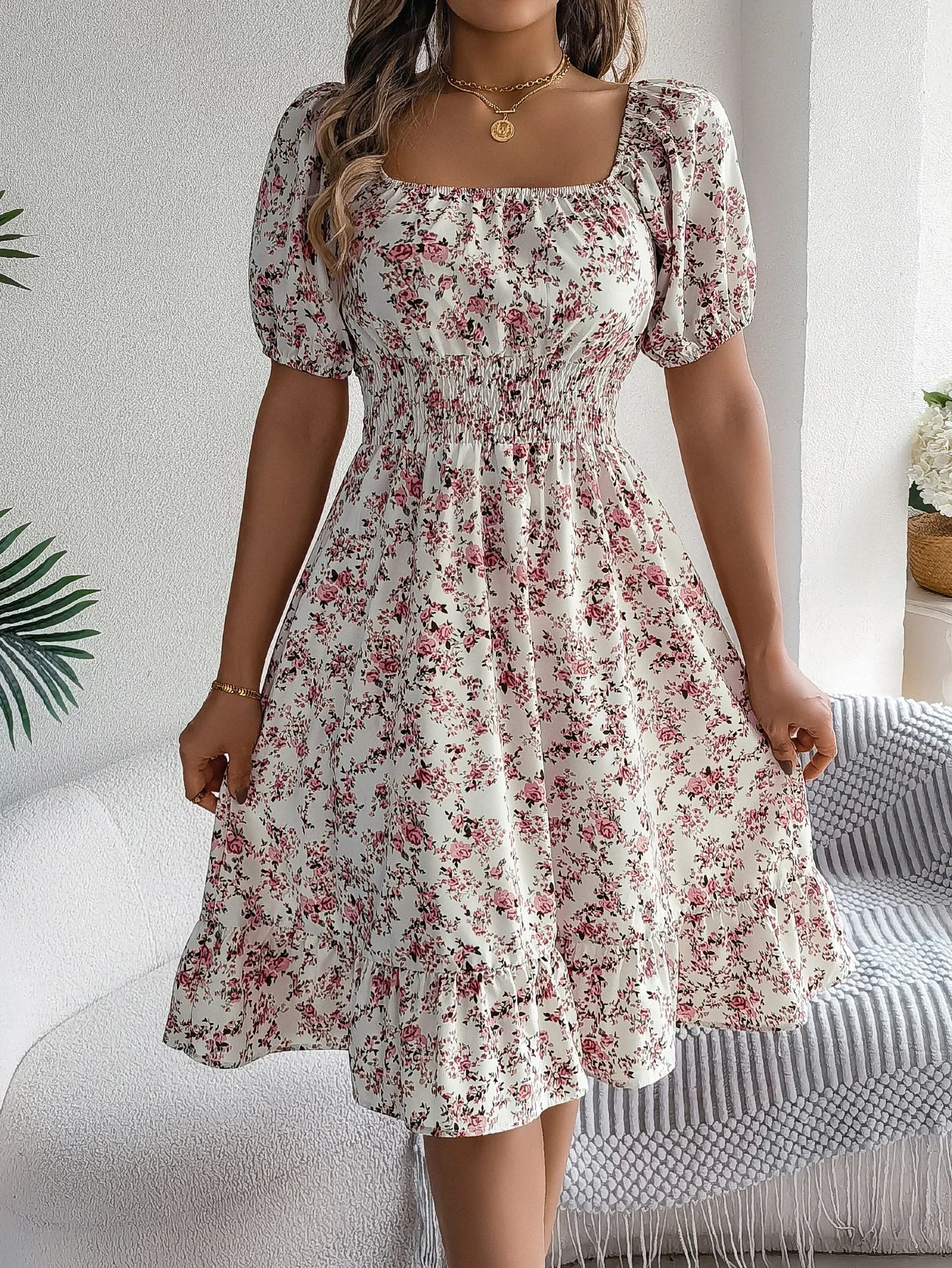Casual Square Neck Shirred Waist Floral Print Short Sleeve Ruffle Hem Dress For Summer, Women's Clothing somè