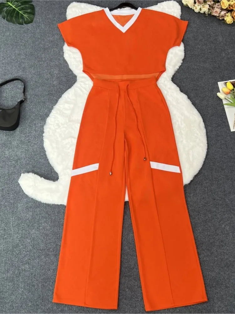 Elegant Women's Casual Short Sleeve T-shirt Sports Suit Summer Fashion Solid V Neck Short Top & Straight Pants Two Piece Sets somè