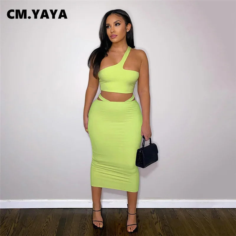 Women Two 2 Piece Set Outfits 2022 Summer One Shoulder Crop Top and Midi Skirt Chic Matching Outfit somè