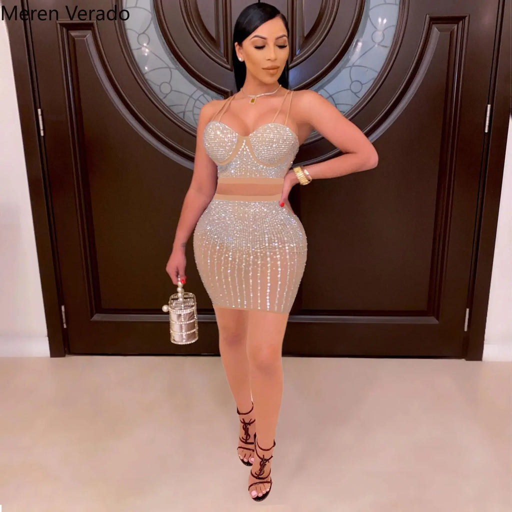 Diamonds Hot Rhinestones Elegant Women's Set Crop Top And Midi Mini Skirts Suit Sexy Club Outfits Two 2 Piece Set kpy
