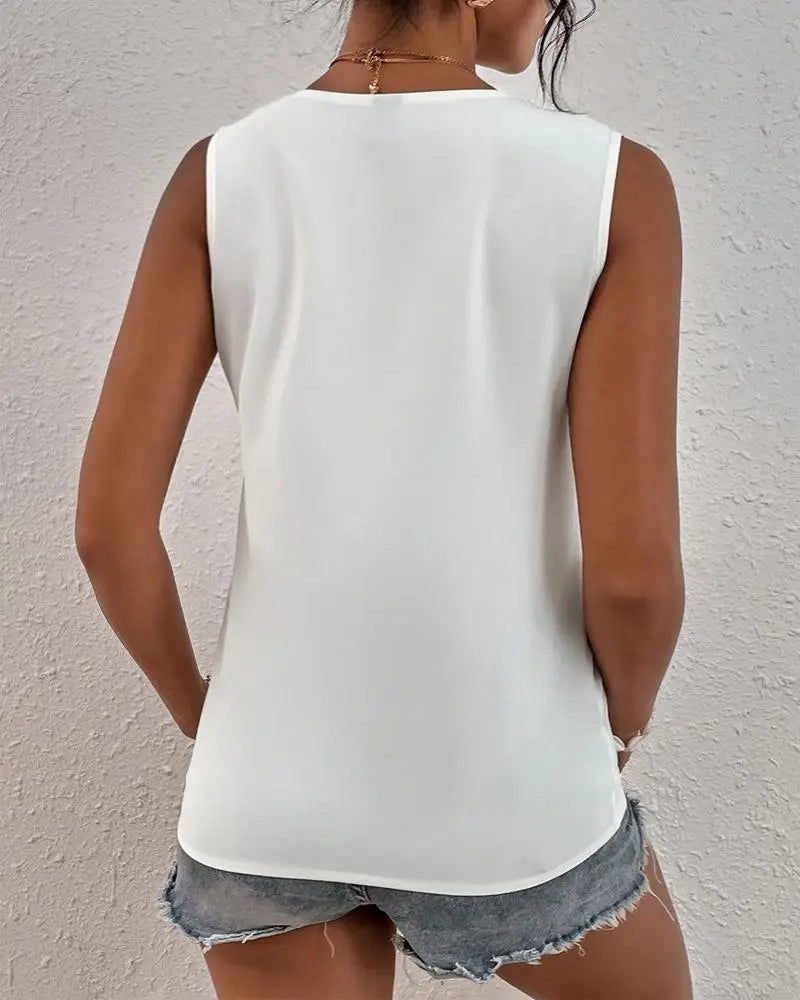Sleeveless V-neck Lace Parchwork Blouse Women Loose Hollow Out Summer Tee Shirt Casual Streetwear Tsnk Top kpy