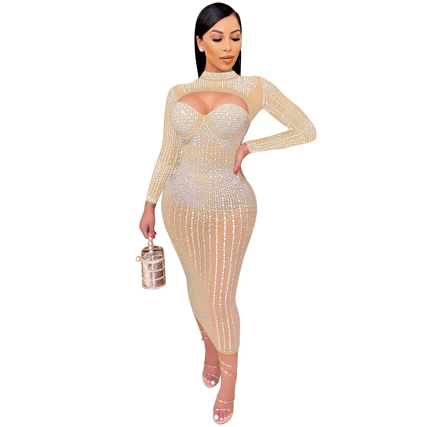 Cross-Border New Product Women's Party Nightclub Mesh Transparent Rhinestone Inlaid Diamond Tank Dress kpy