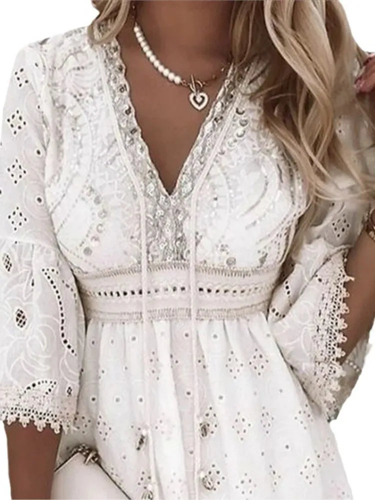 Elegant Women White Hollow Lace Mini Dress Summer V-neck Patchwork Lace Up Three Quarter Sleeve Ladies Vacation Beach Dresses somè