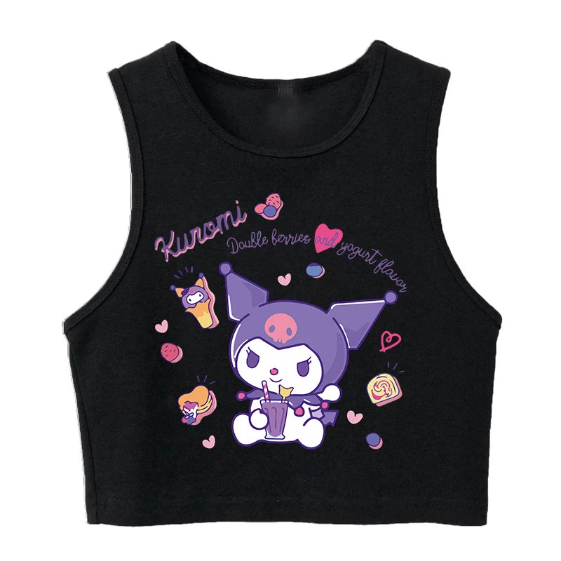 Y2K Vest Crop Top Kuromi T Shirt Cropped Sanrio Kuromi Women Manga T-shirt somè