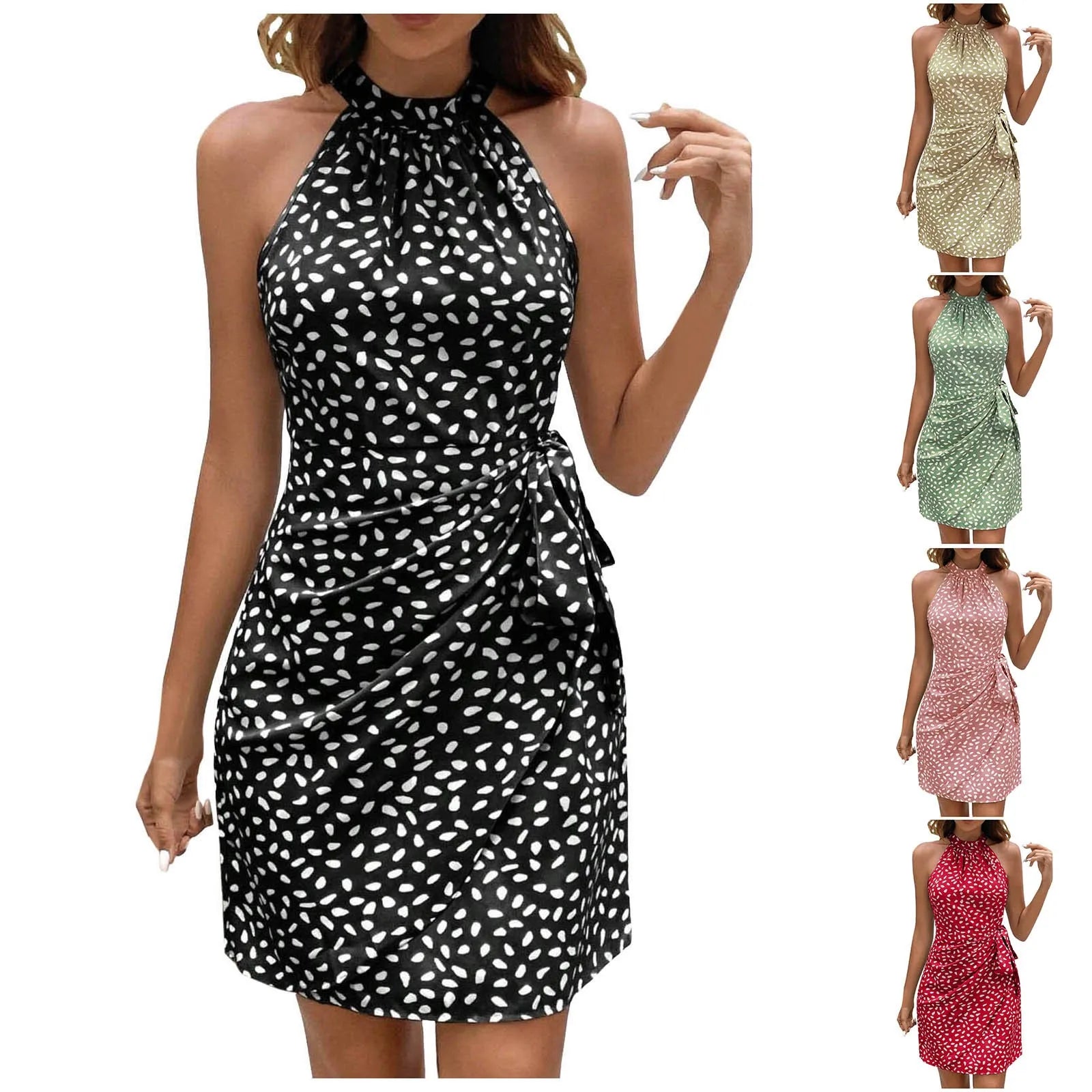 Women's Sexy Summer Dresses Elegant Polka Dot Print Waist Strap Backless Short Dresses Beach Vacation Casual Split Midi Dress somè