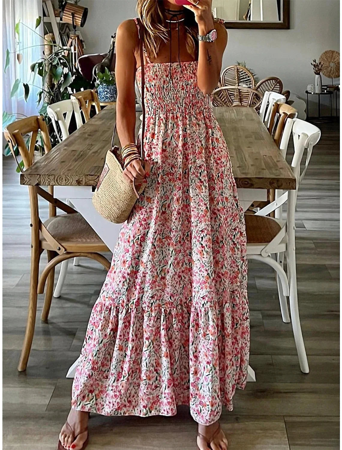 Summer Fashion Sling Maxi Dress Loose Elegant Ruffle A-Line Dress Casual  Floral Printed Women Backless Beach Dresses Midi Dress somè