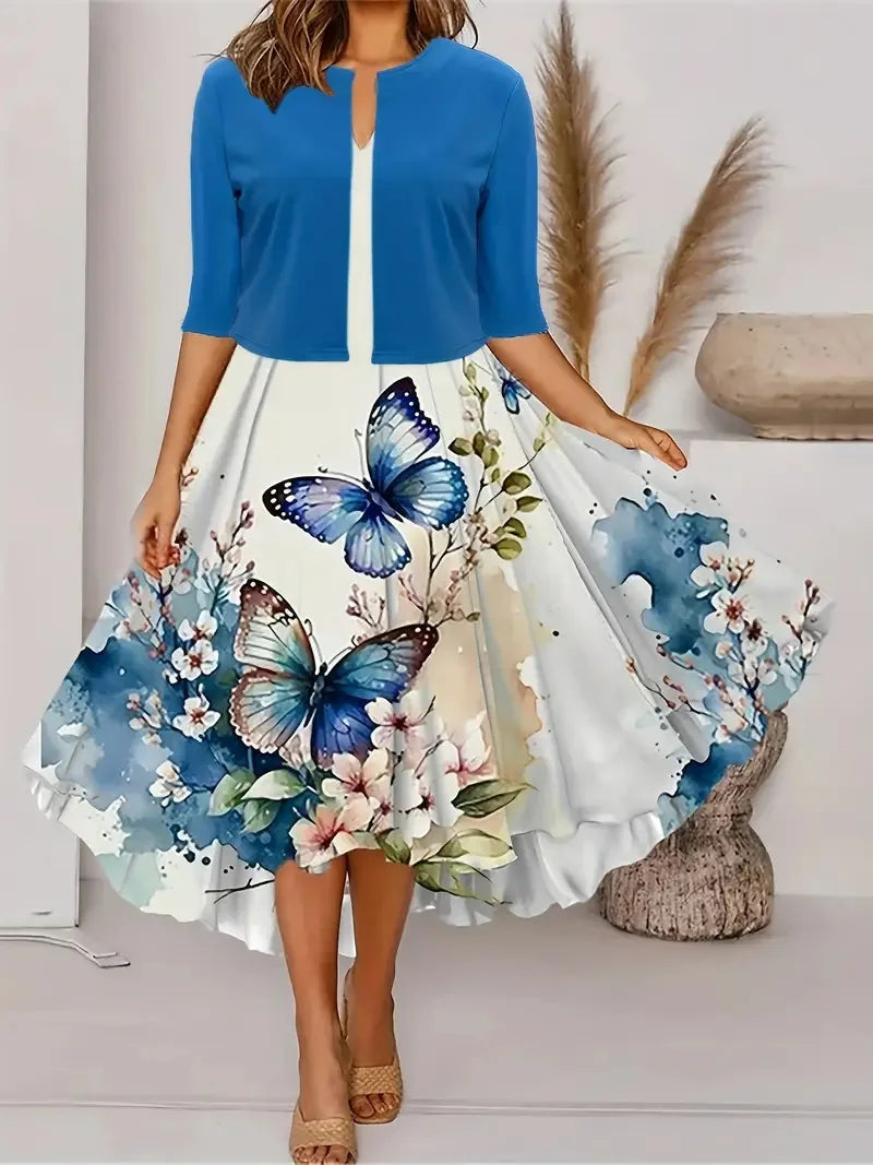 2024 European and American Autumn New Women's Long Dress Two Piece Flower and Grass Print Round Neck Dress Coat Women