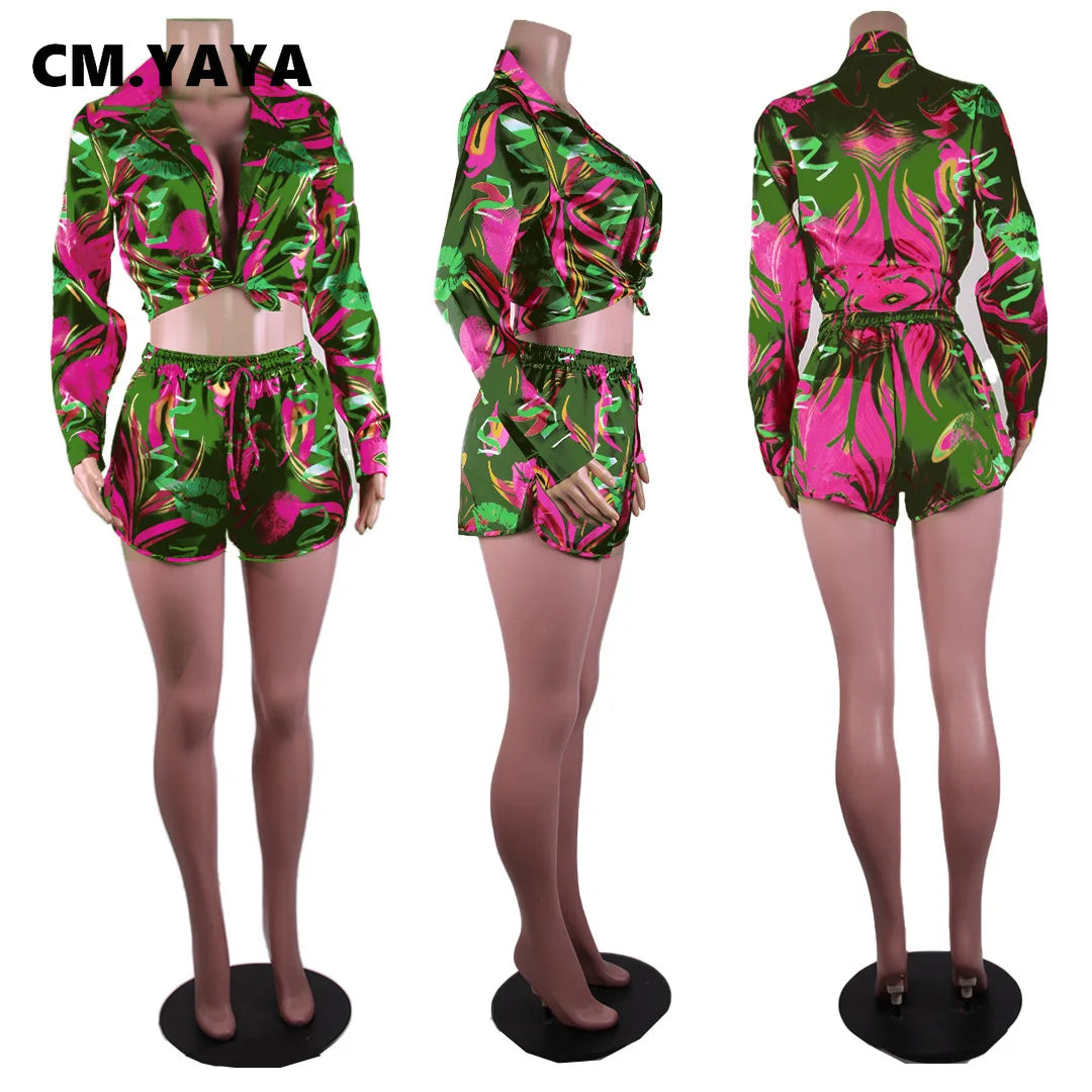 CM.YAYA Elegant Wave Striped Women's Set Long Sleeve Shirt and Shorts INS Chic Street Fashion Tracksuit Two 2 Piece Set Outfits
