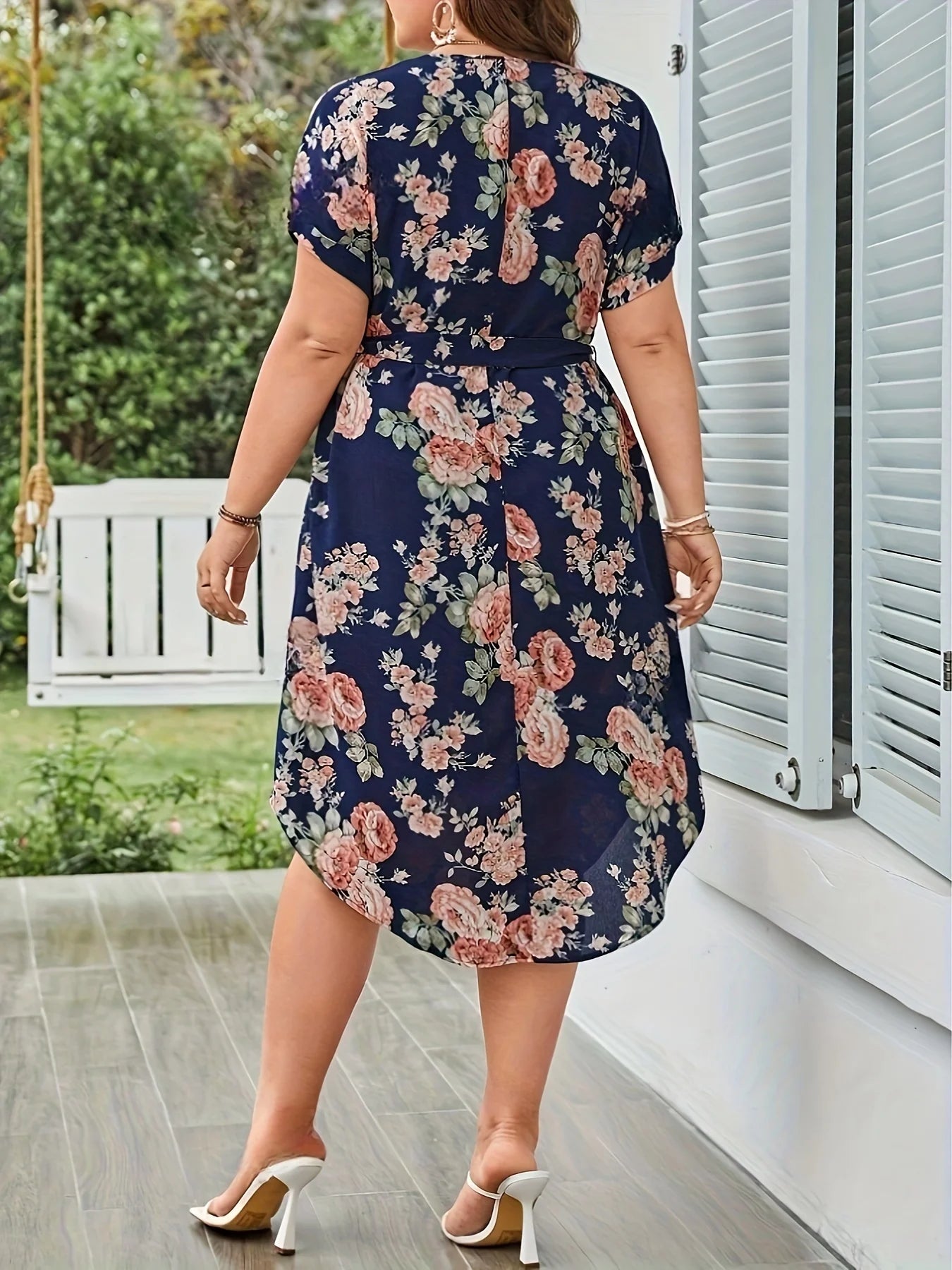 Plus Size Summer Women Elegant Dress Vacation Vintage Floral Print Casual V Neck Lace Up Dresses