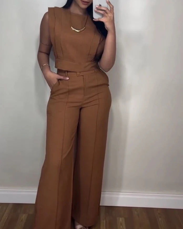 sets for women 2 pieces autumn Round Neck Cap Sleeve Crop Top and Casual Pocket Design Straight Pants Set somè