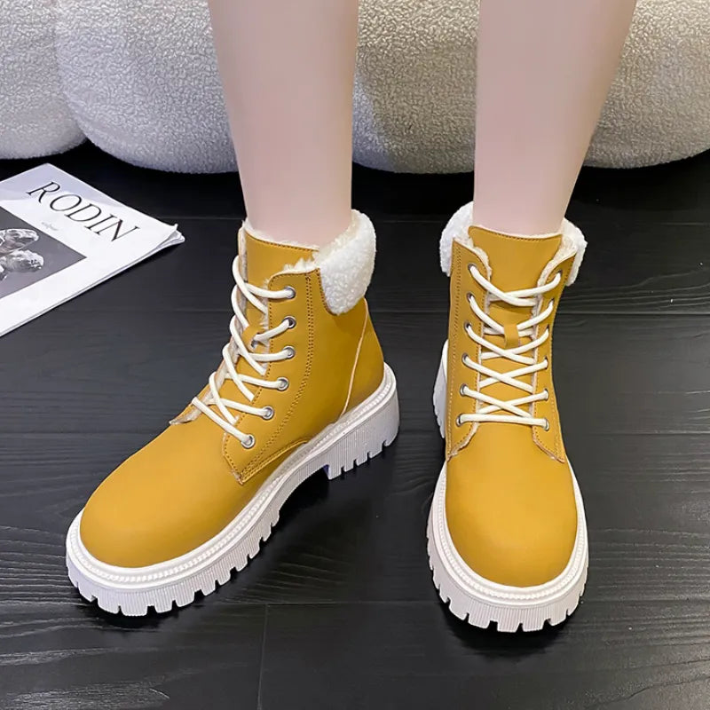 Ankle Boots for Women Lace-Up Waterproof Non-Slip Snow Boots Woman Pu Leather Warm kodez