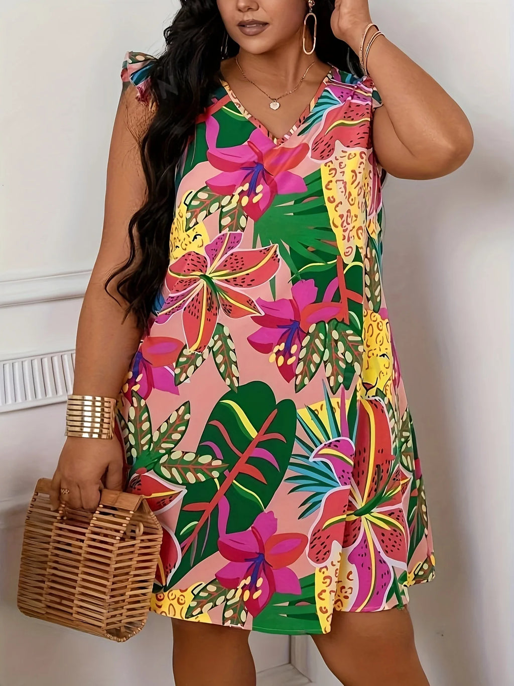 Summer Vacation Dress for Women Casual Floral Print V Neck Curve Clothing Butterfly Sleeve Dresses