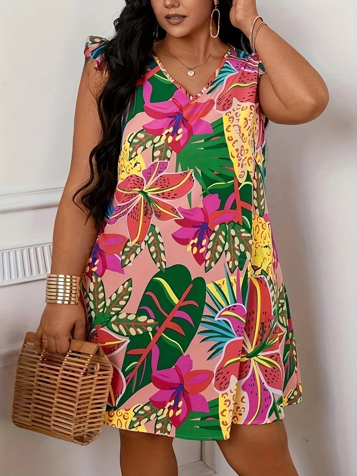 Summer Vacation Dress for Women Casual Floral Print V Neck Curve Clothing Butterfly Sleeve Dresses