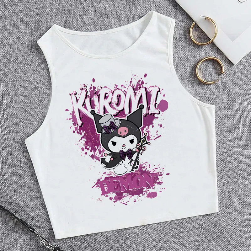Y2K Vest Crop Top Kuromi T Shirt Cropped Sanrio Kuromi Women Manga T-shirt somè