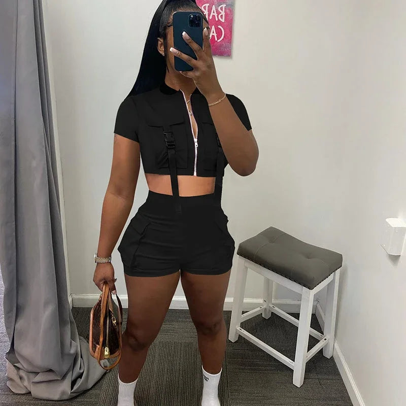 Sportwear Pockets Short Sets Womens 2 Piece Outfit Workout Fitness Zipper Crop Top and Shorts somè