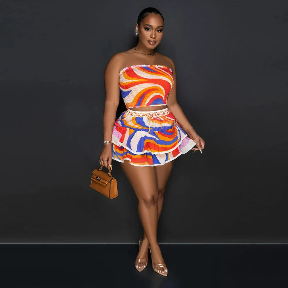 Women Two Pieces Set Printed Sleeveless Backless Breast Wrap Top and Pleated Mini Skirt Mini Skirt Club Party Outfits