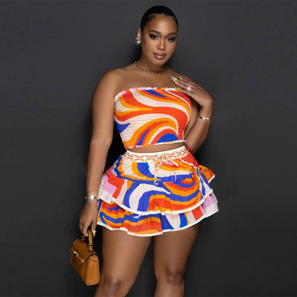 Women Two Pieces Set Printed Sleeveless Backless Breast Wrap Top and Pleated Mini Skirt Mini Skirt Club Party Outfits