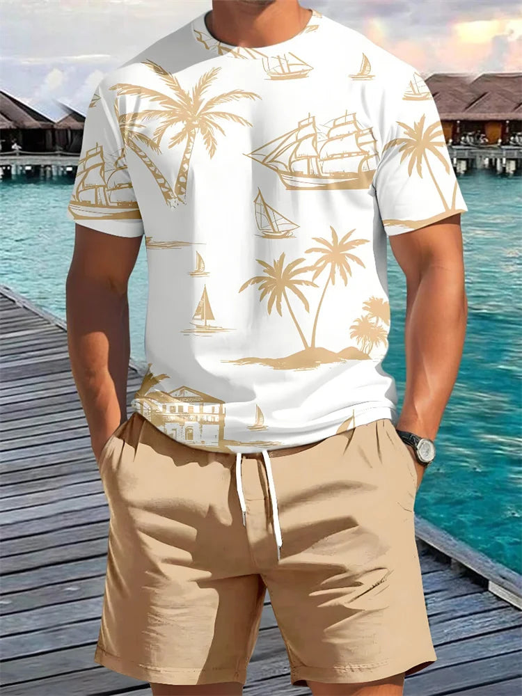 2 Piece Summer Casual Everyday Men's Short Sleeve Shorts Set Hawaiian Print Men's T-shirt Outdoor Sports Men's Beach Shorts 202&