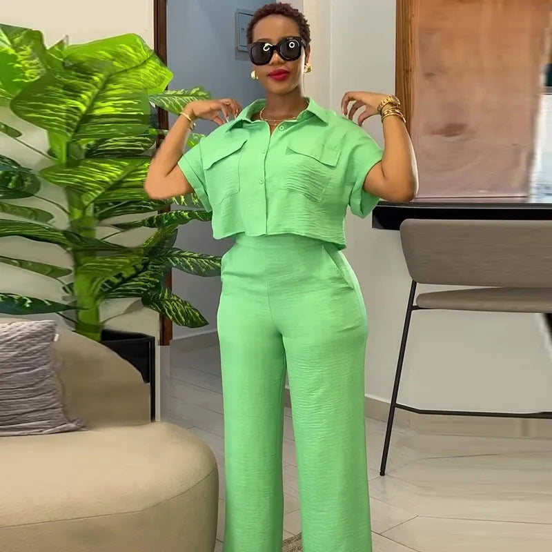 Women's Two Piece Sets Spring Summer Casual Solid Turn-down Neck Short Sleeve Loose Top & Wide Leg Pants Set  Streetwear Outfits somè
