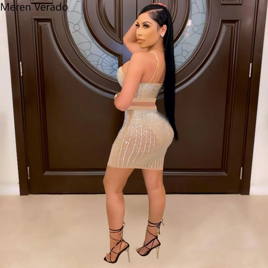 Diamonds Hot Rhinestones Elegant Women's Set Crop Top And Midi Mini Skirts Suit Sexy Club Outfits Two 2 Piece Set kpy